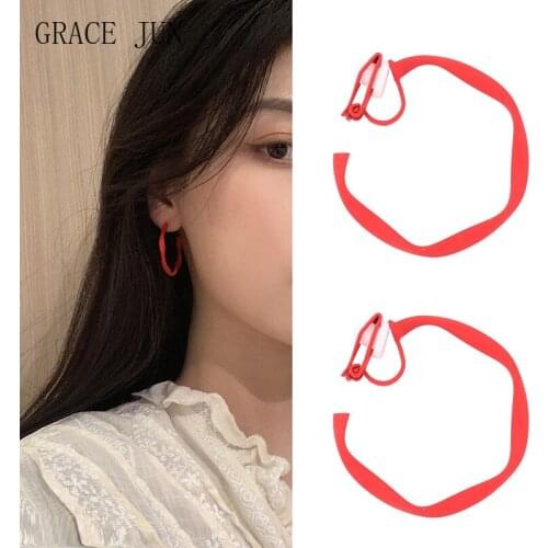 GRACE JUN Korea Style Hoop Copper Material Geometric Clip on Earrings Without Pierced Elegant Cuff Hypoallergenic Ear Clip New