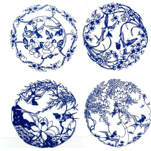 Paper Blue and White Porcelain Traditional Characteristic Paper Cut by Hand Window Flower [Spring Swallow] 26cm