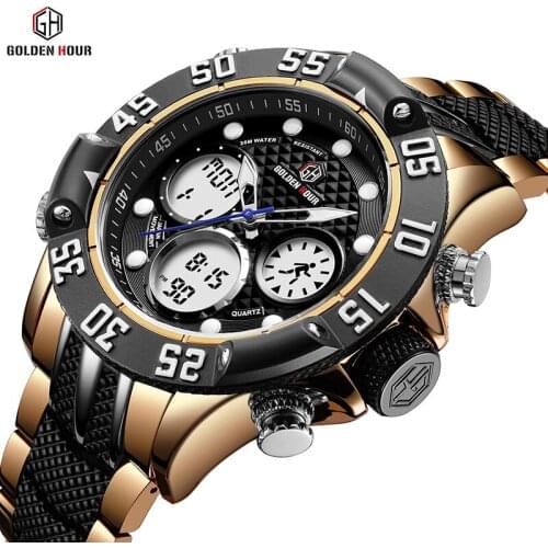 Top Brand GOLDENHOUR Men Fashion Dual Display Quartz Watch Mens Stainless Steel Waterproof Wristwatches Casual Relogio Masculino