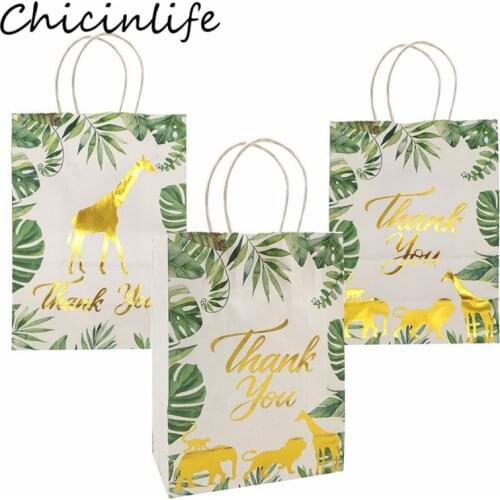 Chicinlife 5Pcs Jungle Safari Animal With Palm Leaves Thanks You Paper Bags Birthday Party Candy Gift Bag Baby Shower Supplies