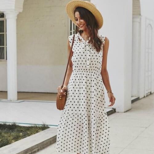 GOOHOJIO Long Dress Women Polka-dot Pink White Ruched Midi Dresses Elegant Lacing-Up Bow Tie Casual Summer Dress Women Clothes