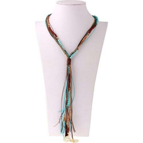 HS40 Boho Style Silk Tassel Beaded Long Y Necklace for Women Suede Leather Knot Womens Collar Bridal Jewelry Ethnic Lariat 60cm