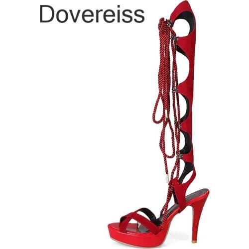 Dovereiss Fashion Womens Shoes Summer New Consice Clear Heels Narrow Band Cross Tied Platform Sandals Gladiator Big Size 43 44