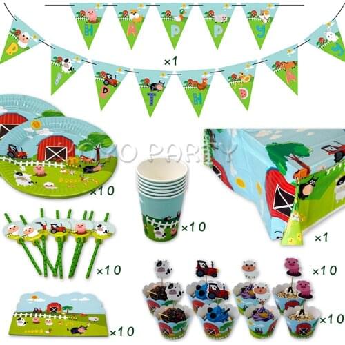 62Pcs for 10kids Farm Animals Pig Cow theme birthday party supplie tableware set, plate+cup+straw+banner+tablecover ect