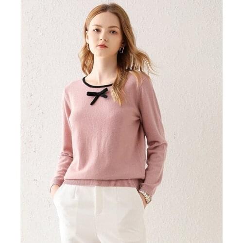 LHZSYY 2020 New Pure Wool Back Cardigan Women' Autumn Long-Sleeved Jacket Round Neck Cashmere Sweater Base Shirt Bow Knitted Top