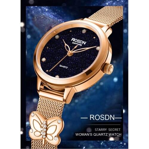 New Luxury Brand ROSDN Womans Watches Japan Quartz Movement 50M Waterproof Sapphire Diamond Milan Steel Belt Ladies Clock R3686