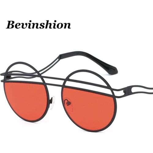 New Cool Hollow Metal Round Sunglasses Women Double Beams Bending Legs Brand Designer Vintage Red Pink Yellow Glasses For Men