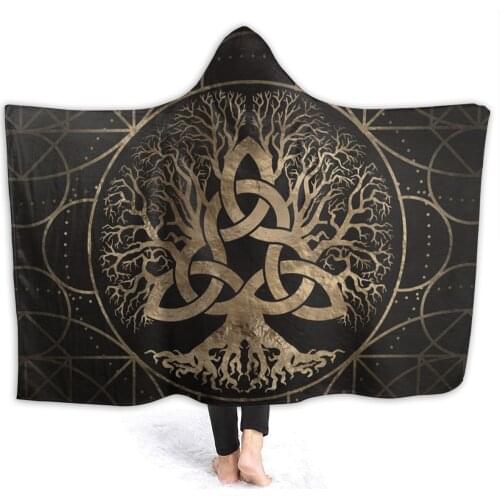 Portable warm flannel Tree Of Life Yggdrasil Triquetra Hooded Blanket Viking Runes blanket for Sofa Sherpa Fleece Bedspread Wrap