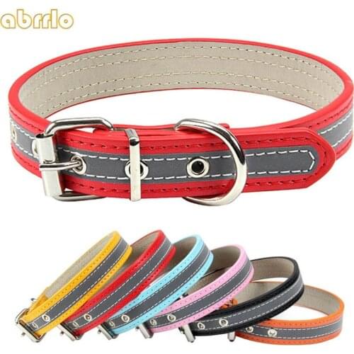 Pet Dog Collar Leather Reflective Safety Puppy Neck Strap Collars For Small Medium Large Dogs Cats Supplies Accessories S-XXL