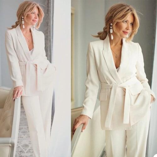 Leisure Ivory Women Suits with Belt Summer Slim Fit Evening Party Prom Blazer OL Outfit Tuxedos (Jacket+Pants)