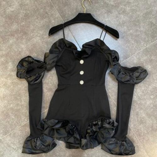 FABPOP 2021 Spring New Arrivals Long Flare Sleeve Strapless Ruffles Diamonds Buttons Slim Black Playsuits Women Romper GA974
