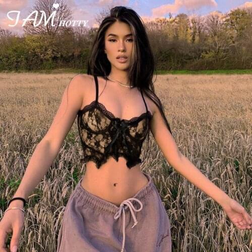 Sexy y2k Ribbons Bow Tie Up Mesh Corset Crop Top Women Kawaii Lace Patchwork Double Layered Summer Party Camisole 90s Iamhotty