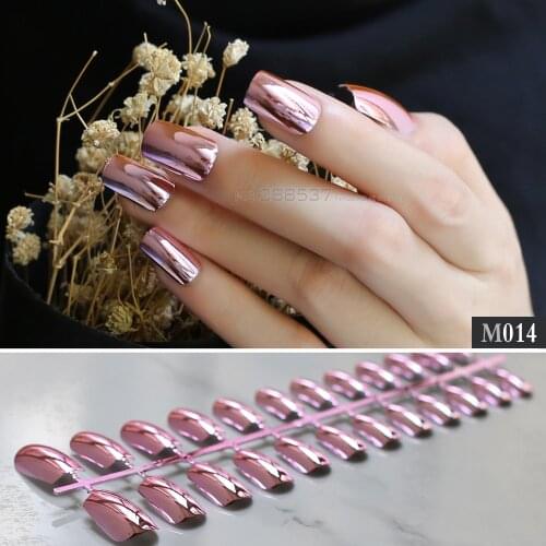 Solid metal Long section Finish Shape Press on Nails Full Set pink color False nails Light pink mirror fake nail Square head