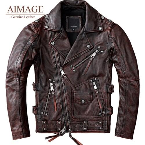 Heavy locomotive first layer cowhide men leather jacket mens stone-ground retro old motorcycle jacket lapel short leather PY074