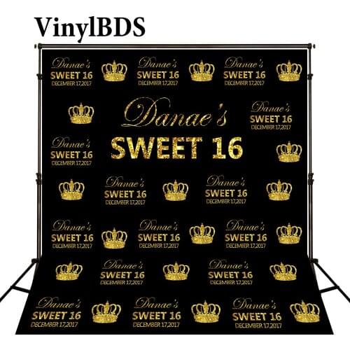 VinylBDS Happy Birthday Customizable Photographic Backdrops Princess Crown Backdrop Black And Golden Backdrop for Birthday Party