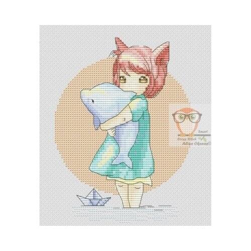 The little girl holding a dolphin MM191021 cross stitch 11CT 18ct 14ct cotton thread embroidery DIY handmade needlework