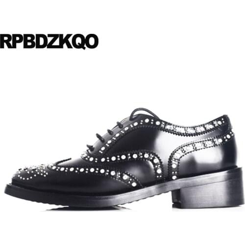 Japanese Crystal Flats Vintage Women Oxfords Shoes Genuine Leather Celebrity Brogue Stud White Rhinestone Black Diamond Rivet