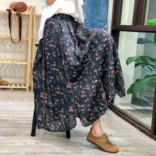 21Women Print Loose Skirts Summer Vintage Patchwork Furcal Elastic Waist Female Fashion Ramie Ankle-Length Expansion Skirt