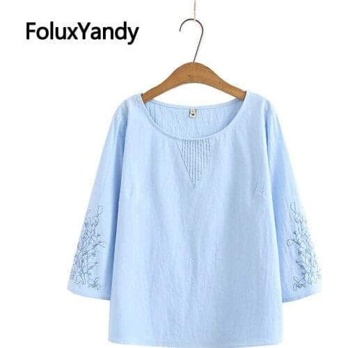 Floral Embroidery Tops Womens T-Shirt Plus Size XXXL 4XL Three Quarter Sleeve O-neck Tops KKFY5275