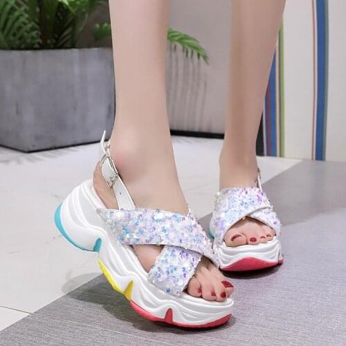 2020 Woman High Heels Wedge Sandalias Glitter Cross Straps Gladiator Sandals Women Summer Thick Bottom Platform Shoes