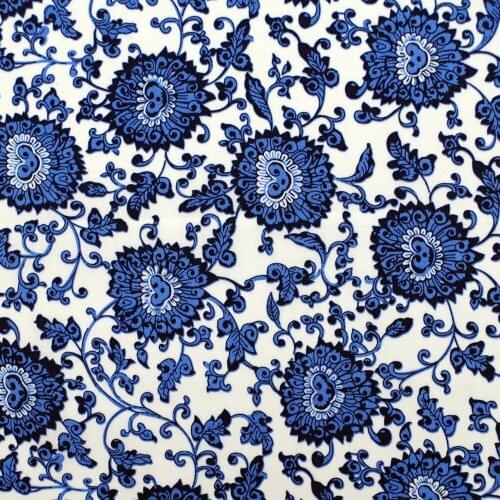 1 yard Cotton Poplin Fabric for sewing pathwork, dress, cloth, bedding - blue flowers on white background (width=140cm)