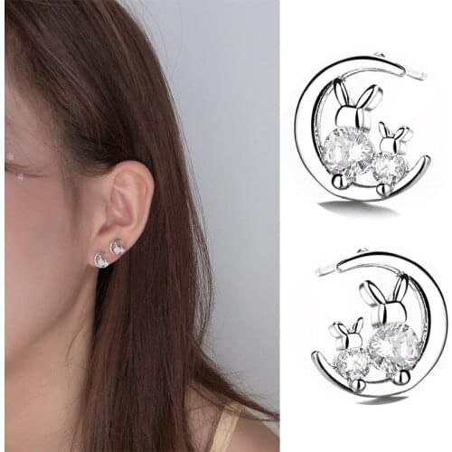 2020 New Fashion Silver color Stud Earrings Zircon Earrings with Rabbit Moon Fashion Trendy Women Jewelry Gift Accessories