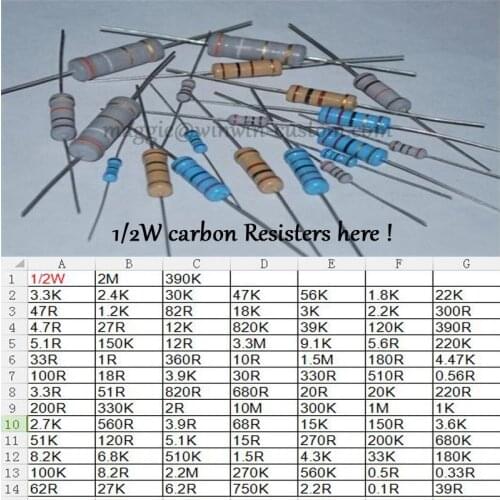 500pcs 10R 1/2W DIP Resistors carbon Resisters 1/2W 10ohm 5% Carbon Film Resistor other value pls check page