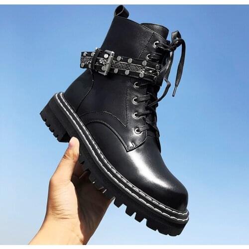 Thick bottom with sponge bottom and calf boots leather strap rivet booties punk metal round head belt buckle ladies boots