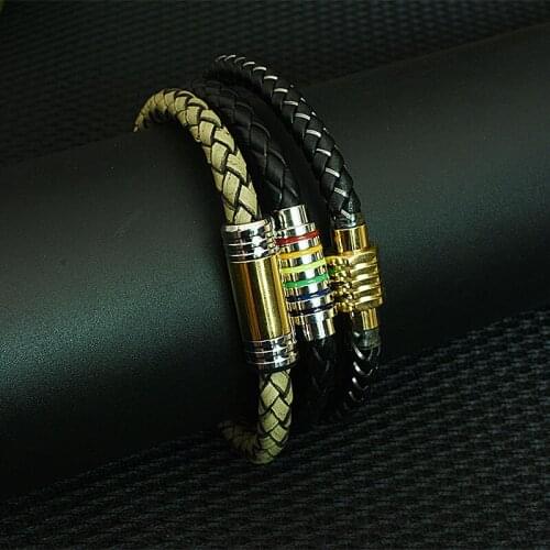 Rainbow Leather Bracelet For Men Dumbbell Stainless Steel Bangles Magnetic Buckle Wristband Charm Males Jewelry