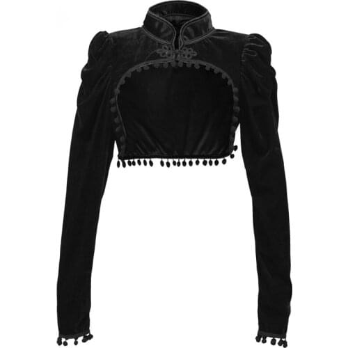 Black Flannel Short Steampunk Jacket Stand Long Sleeve Autumn Womens Clothing Gothic Victorian Coat Vintage Corset Accessories