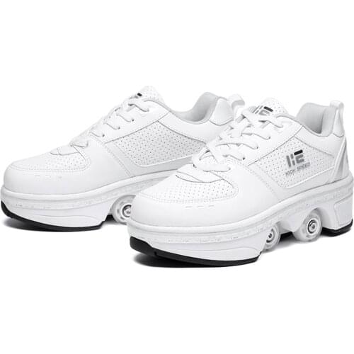 Dual-purpose roller skates double-row deformation shoes white low-top four-wheeled multi-function deformed roller skates