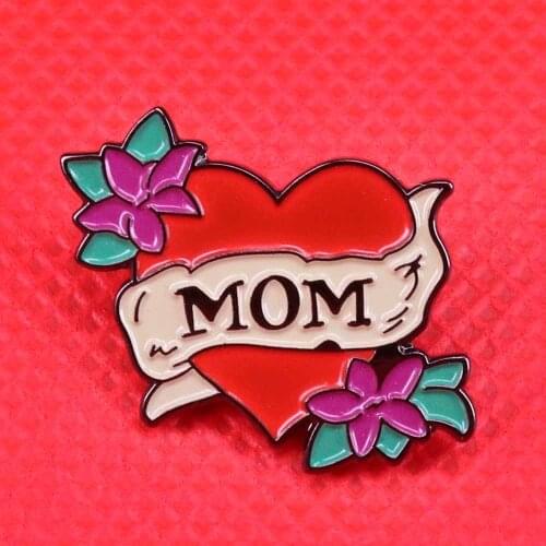 Mom enamel pin leaf flowers brooch red heart badge romantic tattoo jewelry mothers day gift