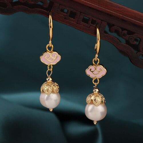Summer Ethnic Freshwater pearl Drop earrings Vintage Flower Pink cloisonne Earrings Chinese style Jewelry for women