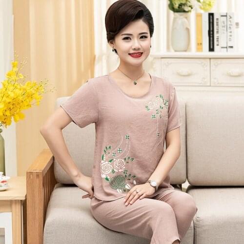 Middle-Aged And Elderly WomenS Summer Pajamas MotherS Short-Sleeved Calf-Length Pants Loose Cotton And Linen Sleepwear 4XL