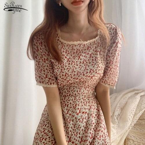 Sweet Lace Patchwork Floral Print Slim Waist A Line Dresses Elegant Square Collar Short Sleeve Dress Korean Style Vestidos 14391