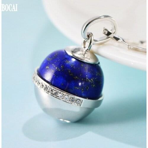 BOCAI New 2021 Fashion 100% s925 Silver Cute Jingle Cat Bell Pendant for Woman Lapis Lazuli Woman Pendant