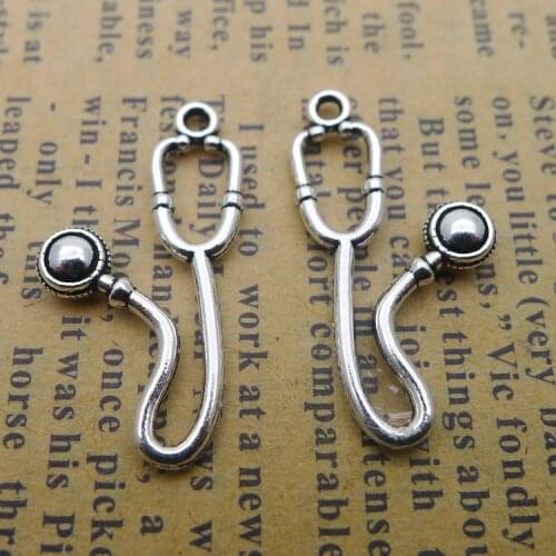 15 pieces/lot 13*26mm Antique silver color Metal Doctor Stethoscope Charm Pendant bracelet Key chain DIY handmade jewelry making