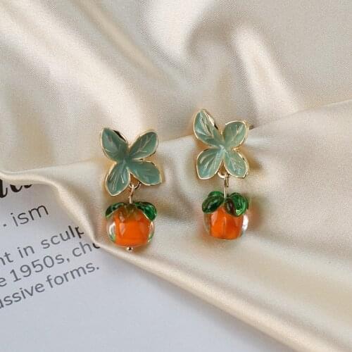 Chinese Style Persimmon Exquisite Glazed Orange Clip on Earrings for Women Glass Cherry Bead Clip Earrings No Piercing Ears