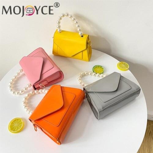 Casual All-match Bright Leather Small Flap Messenger Pearl Handbag Fashion Women Candy Color Thin Chain Shoulder Crossbody Bags