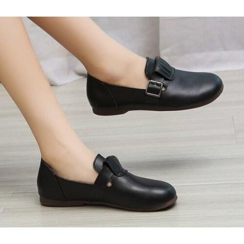 Hot Sale Breathable Women Pu Round Toe Flat Shoes Ladies Girl Brown Retro Soft Fashion Single Shoes