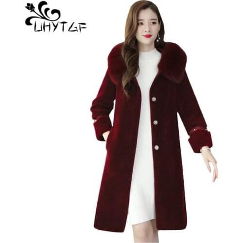UHYTGF 2019 women winter fur coat quality sheep shearing casual warm jacket women Fox fur hooded 3XL plus size top outerwear 650