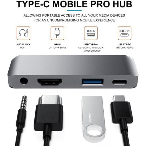 4 IN 1 USB Type C Mobile ipad Pro Hub Adapter USB C to HDMI 3.5mm Audio PD Charging Hub Type-c Dock for ipad Pro 2018