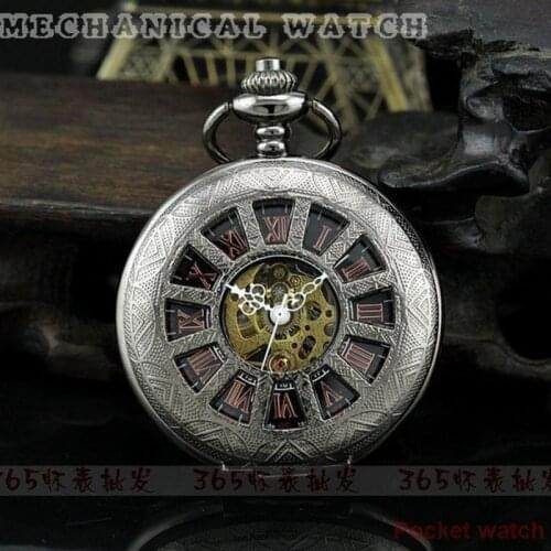Fashion Vintage Mens Skeleton Lead Black Style hand wind Mechanical Pocket Watch Necklace steampunk steel golden movement hollow