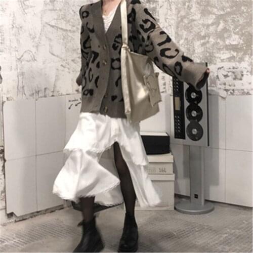 Vintage Women Casual Sweater 2020 Korean Style V-Neck Leopard Long Sleeve Knit Carigans Oversized Button Knitwear Winter Clothes