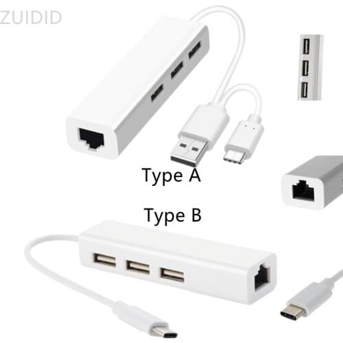High-speed Portable Office School Tablet RJ45 USB 2.0+Type-C 3 Port HUB Ethernet Adapter Lan Network Card