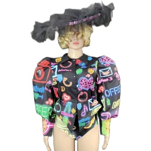 Colorful Pattern Printing Performance Wear Puff Sleeve Coat Gauze Decoration Hat Tight Shorts Personality Costume Stage Wear