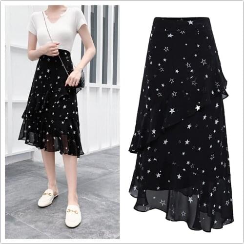 Cake Irregular Black Chiffon Long Star Korean Fashion High-Waisted Vintage Spring Autumn Summer WomenS Clothing Skirts 2021