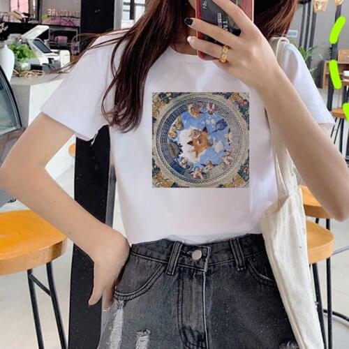Womens T-shirt Kawaii cat oil painting print T-shirt basic O-neck short-sleeved ladies white graphic girl t-shirty damskie