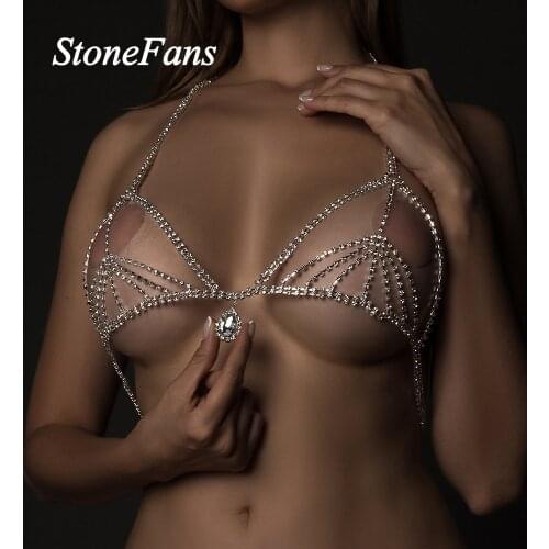 Stonefans Shiny Silver Color Rhinestone Bralette Sexy Body Pendant Drop Crystal Bra Chain Bikini Bra Necklace Jewelry for Women