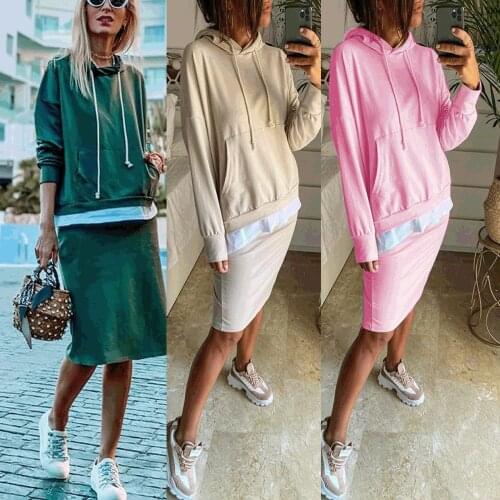 Women Casual Two Piece Set Women Elegant Hoodie Sweatshirt And Harajuku A-line Skirts Two Piece Set Front Pocket Drawstring Suit